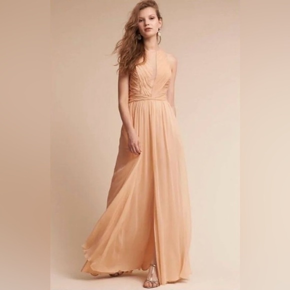 Anthropologie BHLDN Aurelie 100% Silk Peach Pleated Maxi Dress Size 4 - Picture 1 of 8